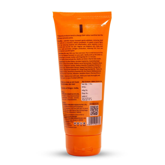 Back view of Papaya Face Wash bottle showing ingredients, usage directions, and benefits for brightening and exfoliating skin.