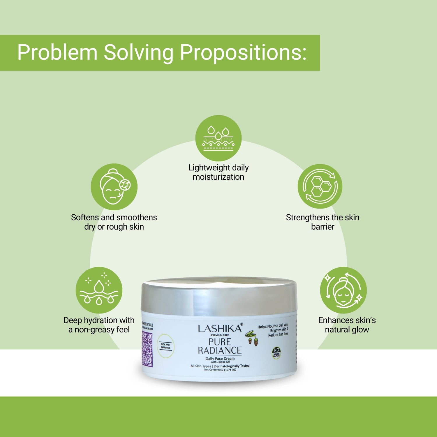 Lashika Pure Radiance Cream deeply hydrates, softens dry skin, boosts glow, and strengthens skin barrier with non-greasy feel.