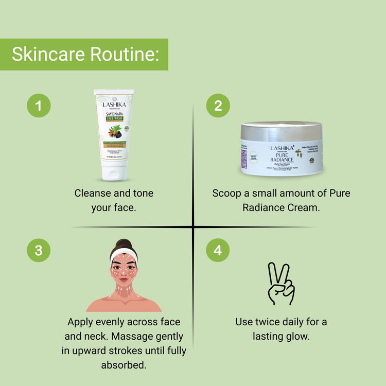Step-by-step skincare routine using Pure Radiance Cream after cleansing and toning to hydrate, brighten, and boost skin glow.