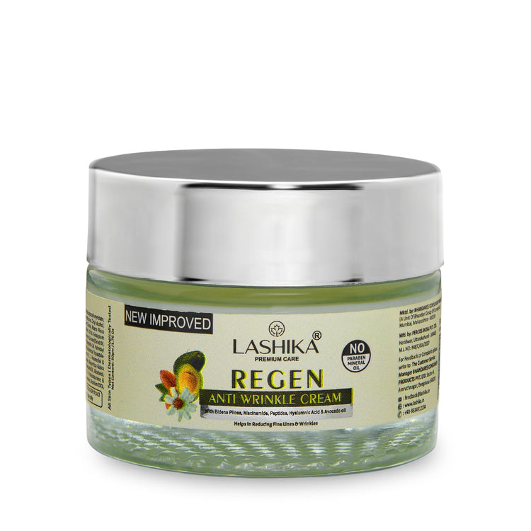 Front view of Regen Anti-Wrinkle Cream jar highlighting its age-defying formula to reduce wrinkles and firm aging, mature skin.