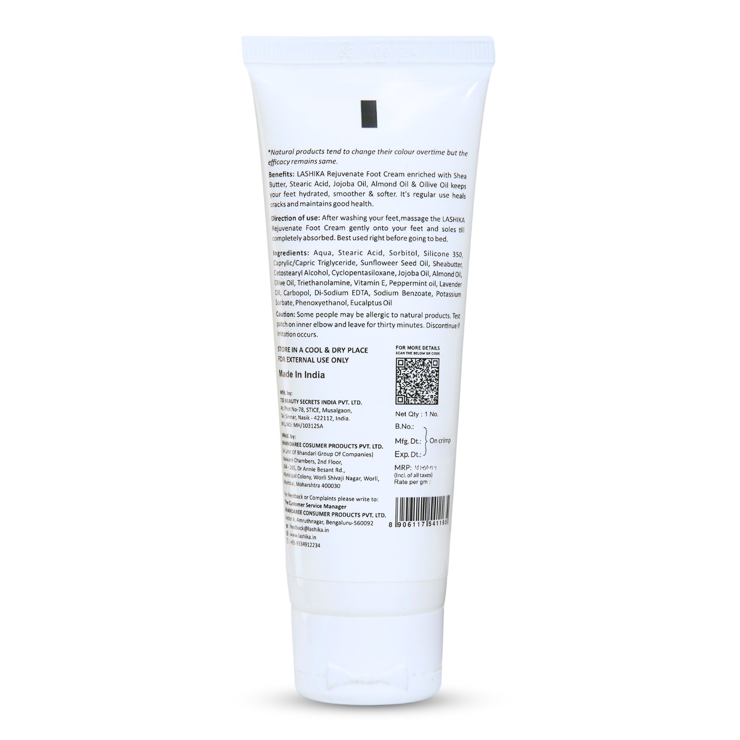 Back view of Rejuvenate Foot Cream tube showing ingredients, usage directions, and benefits for cracked heels and dry feet.