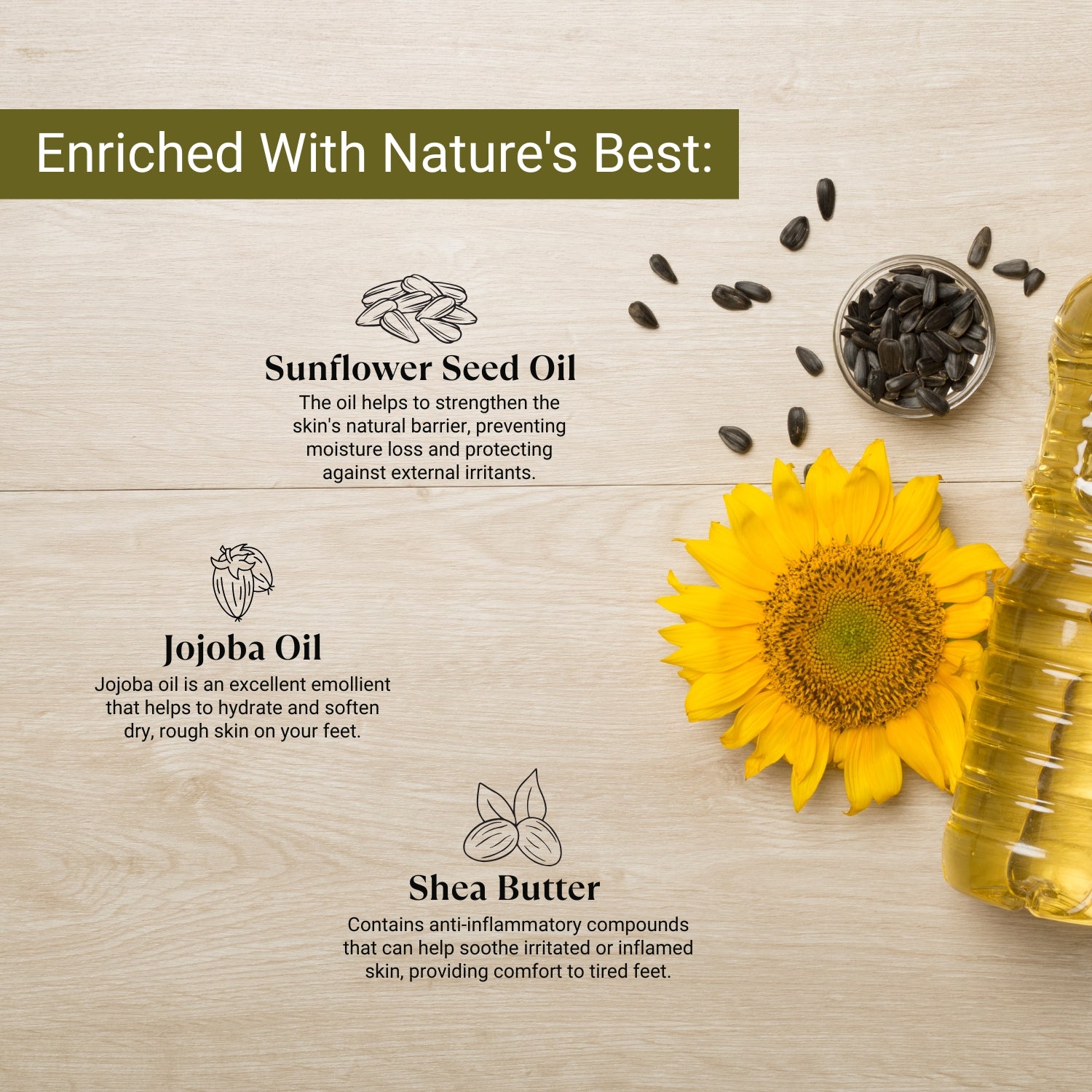 Infused with Sunflower Seed Oil, Jojoba Oil, and Shea Butter to hydrate, soothe, and protect dry, rough, and tired feet.