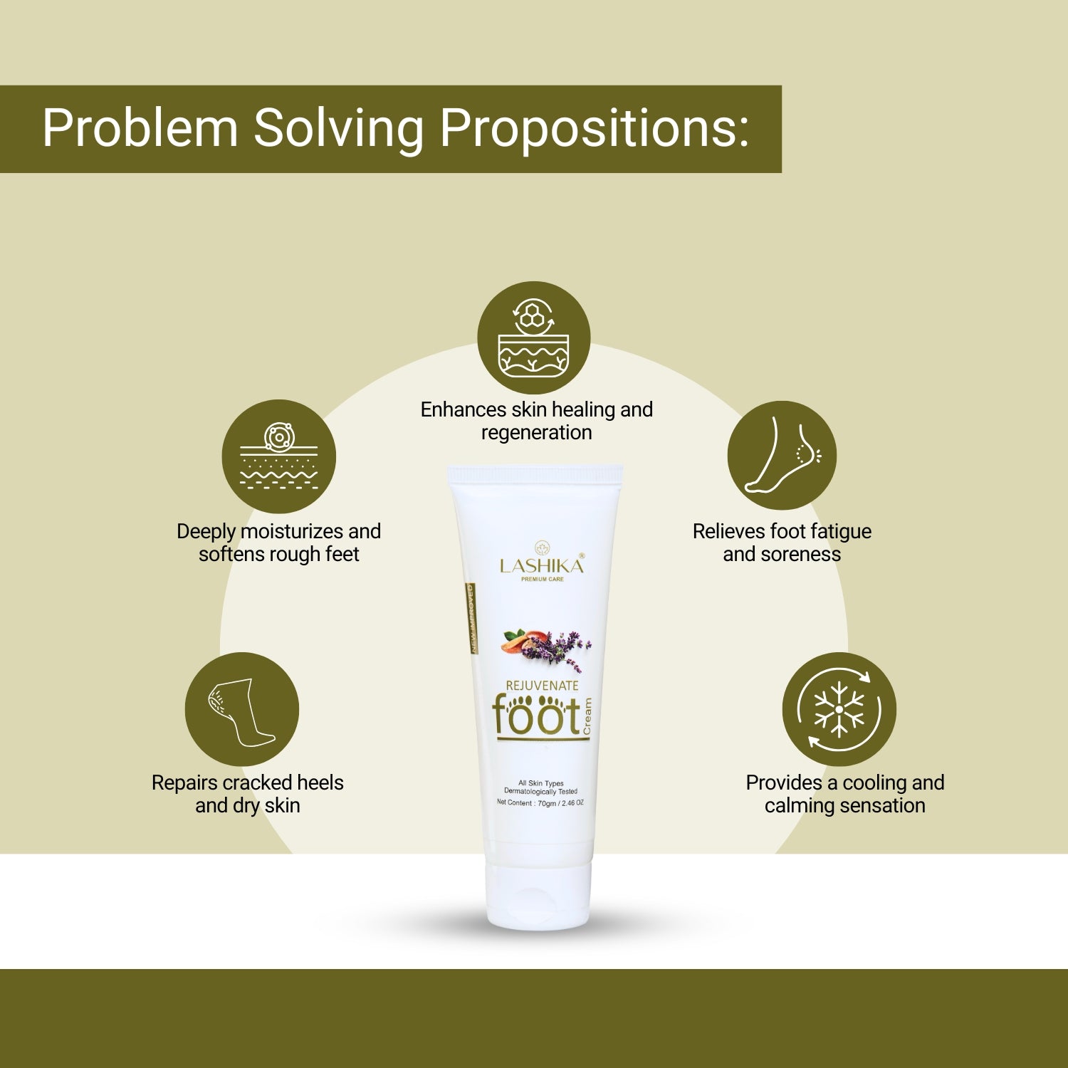 Lashika Revitalize Foot Cream heals cracks, deeply moisturizes, relieves fatigue, and soothes feet with a cooling sensation.