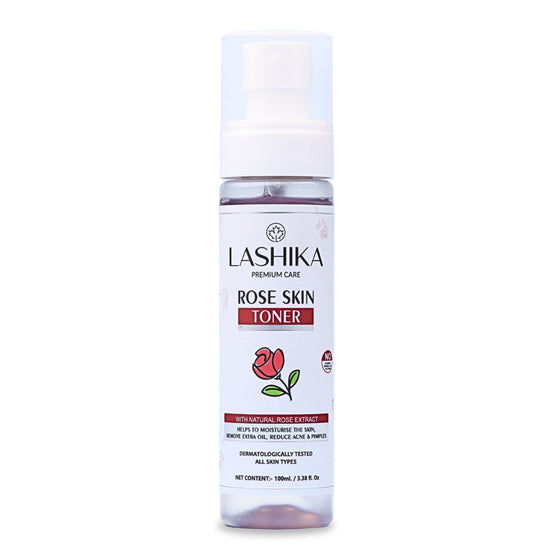 Front view of Rose Skin Toner bottle showcasing its hydrating, soothing, and refreshing formula for all skin types.
