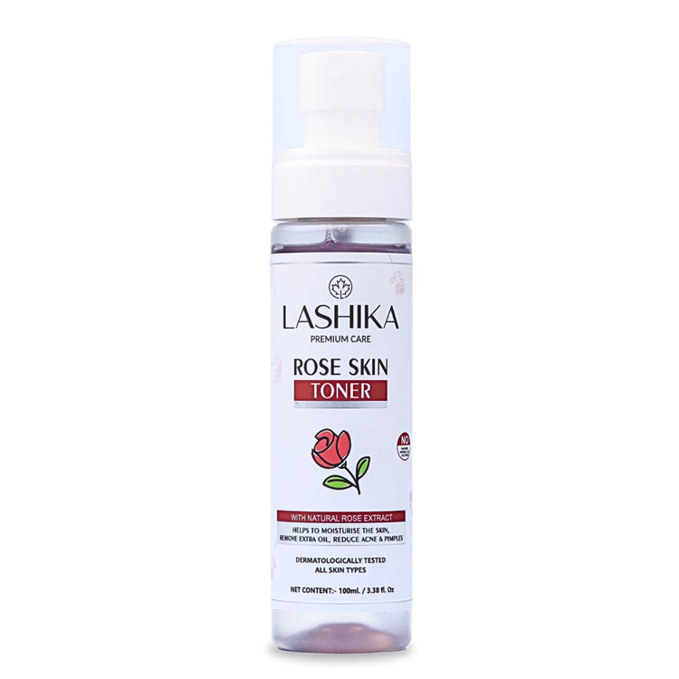 Front view of Rose Skin Toner bottle showcasing its hydrating, soothing, and refreshing formula for all skin types.