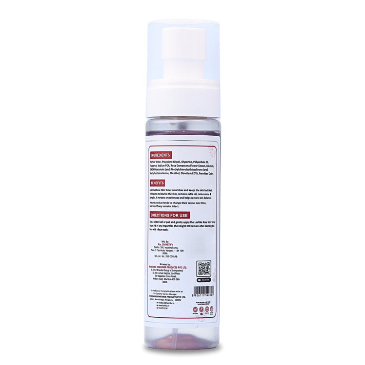 Back view of Rose Skin Toner bottle showing ingredients, usage directions, and skin benefits for hydration and soothing care.