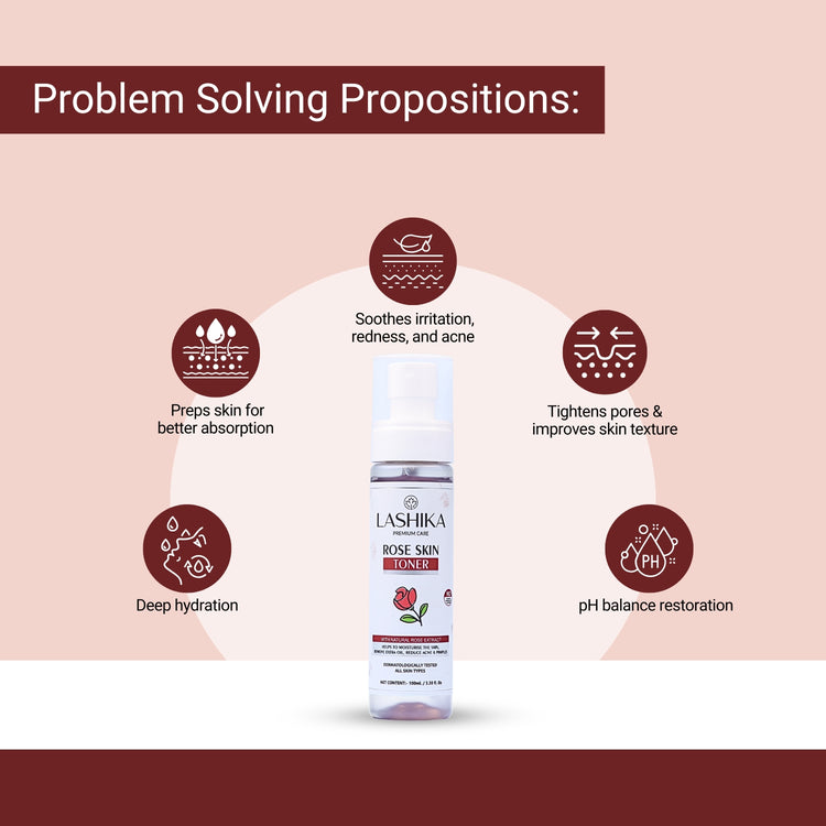 Lashika Rose Skin Toner hydrates, soothes acne and redness, tightens pores, improves texture, and restores skin’s pH balance.