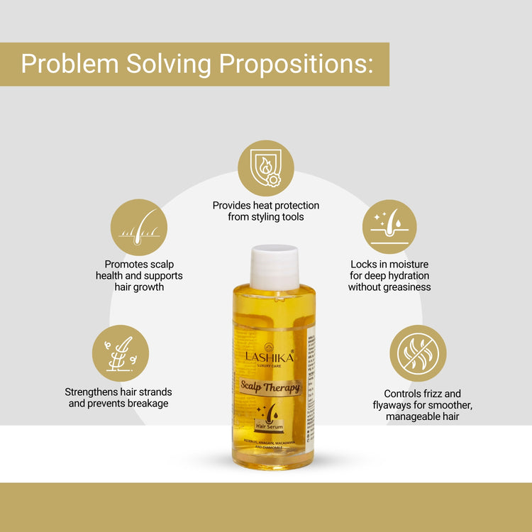Lashika Scalp Therapy Hair Serum for frizz control, heat protection, hydration & stronger, healthier hair.