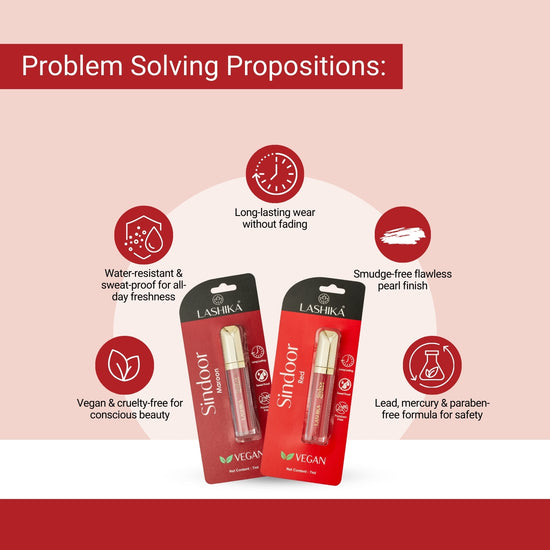 Lashika red sindoor with long-lasting, smudge-free, water-resistant formula; vegan and paraben-free.