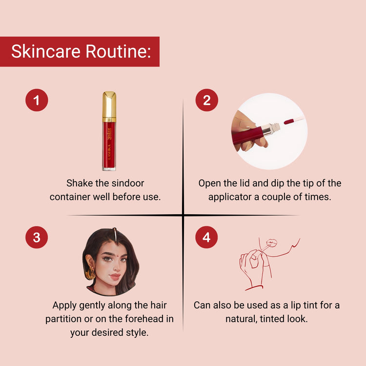 How to apply Lashika red sindoor for hair partition, forehead, or as a natural lip tint.