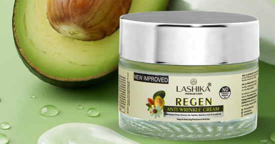 a jar full of regen anti wrinkle cream with a green background along with an avocado