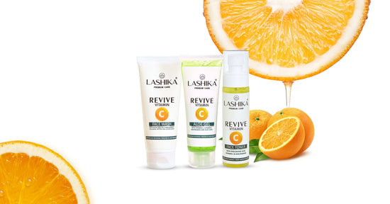 Lashika Revive Vitamin C skincare range featuring a face wash, aloe gel, face toner, and face cream, displayed with fresh oranges and orange slices in the background, highlighting the citrus-based formulation.