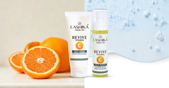 Lashika Revive Vitamin C Face Wash and Face Toner placed between fresh orange slices on one side and a hydrating blue water texture on the other, representing the fusion of natural Vitamin C and deep hydration for glowing skin.