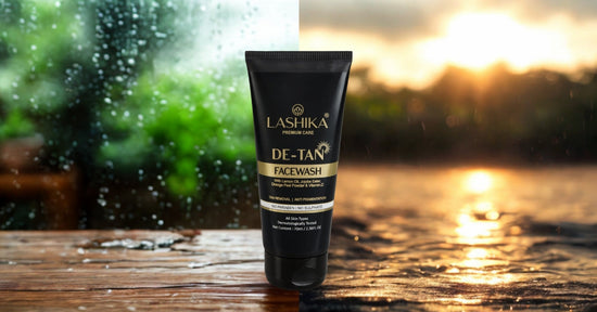 Lashika De-Tan Face Wash placed at the center of a split background—one side showing a rainy window with greenery, and the other a glowing sunset over water—symbolizing effective tan removal and skin care in all weather conditions.