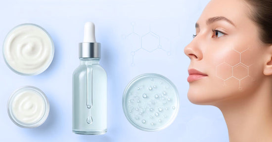 A woman with glowing skin appears in profile with chemical graphics on her cheek. On the left, cream jars, a serum dropper bottle, and gel are set against a soft blue background, highlighting a science-backed skincare routine.