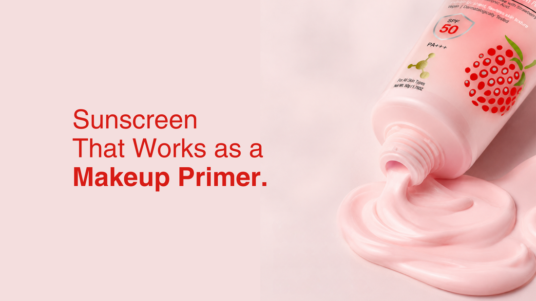 Lashika Strawberry SPF 50 PA++++ sunscreen that works as a makeup primer with a lightweight pink cream texture.