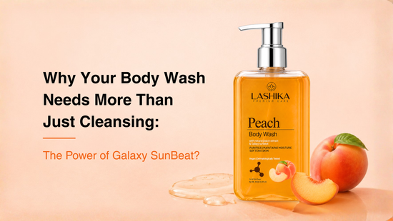 A warm, peach-toned promotional graphic for LASHIKA Premium Care Peach Body Wash.