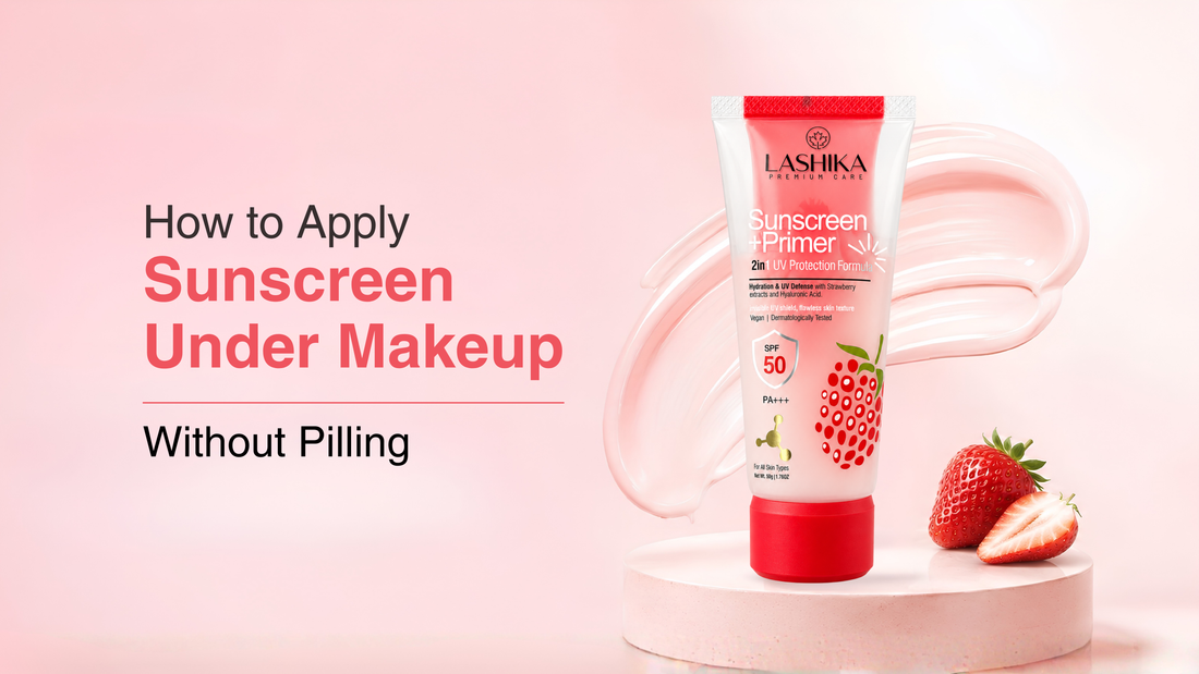 a lashika strawberry spf plus primer with strawberry around on a pink block
