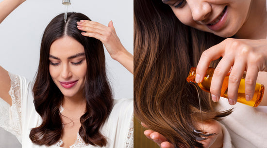 Woman applying hair oil to scalp and hair serum to hair strands for nourishment and smoothness.