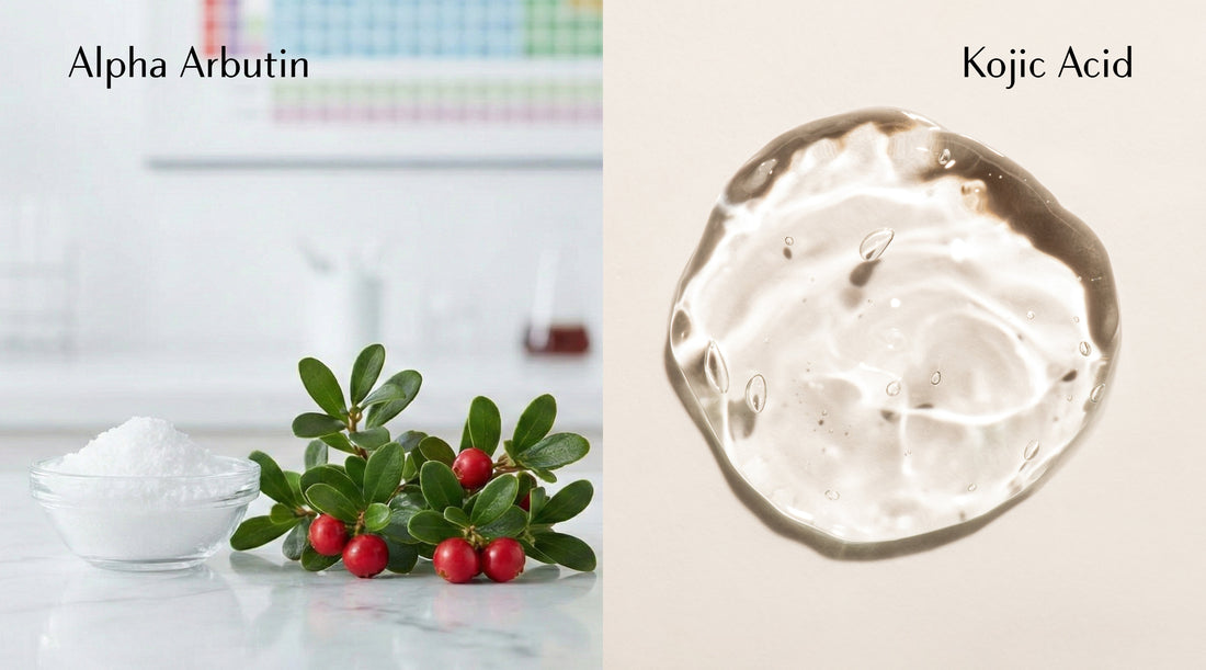 Split image comparing Alpha Arbutin (white powder with green leaves and red berries) and Kojic Acid(clear gel droplet on a light background).