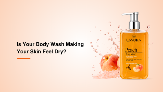 Lashika Peach Body Wash featured beside fresh peaches with the headline, “Why Your Body Wash Needs More Than Just Cleansing: The Power of Galaxy SunBeat?” on a soft peach background.