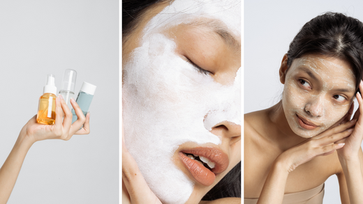 Collage featuring Lashika skincare: a hand holding serum bottles, a close-up of a woman applying a face mask, and another woman gently cleansing her face.
