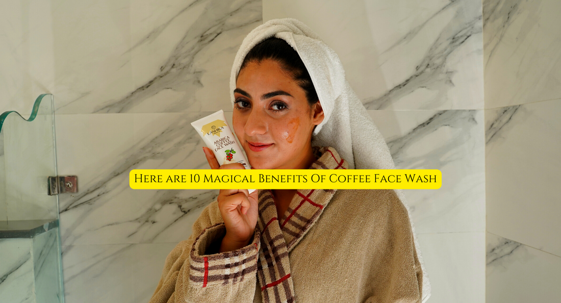 Woman with a towel wrapped around her head holding Lashika Coffee Face Wash, emphasizing its benefits for rejuvenating and cleansing the skin naturally.