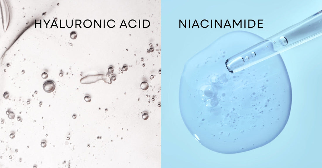 Close-up textures of Hyaluronic Acid and Niacinamide serums side-by-side, showing clear gel-like consistency representing a powerful skincare duo for intense hydration