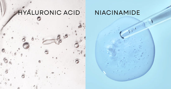 Close-up textures of Hyaluronic Acid and Niacinamide serums side-by-side, showing clear gel-like consistency representing a powerful skincare duo for intense hydration