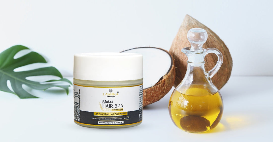 Nutri Hair Spa jar by Lashika placed beside a halved coconut and a bottle of nourishing oil, highlighting its natural ingredients like keratin, argan oil, and coconut oil for deep hair repair and anti-hair fall benefits.