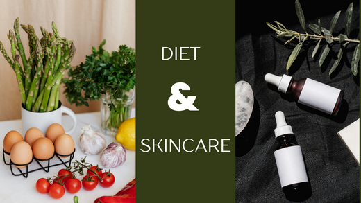 A balanced diet and skincare products displayed together, emphasizing their importance for healthy skin.