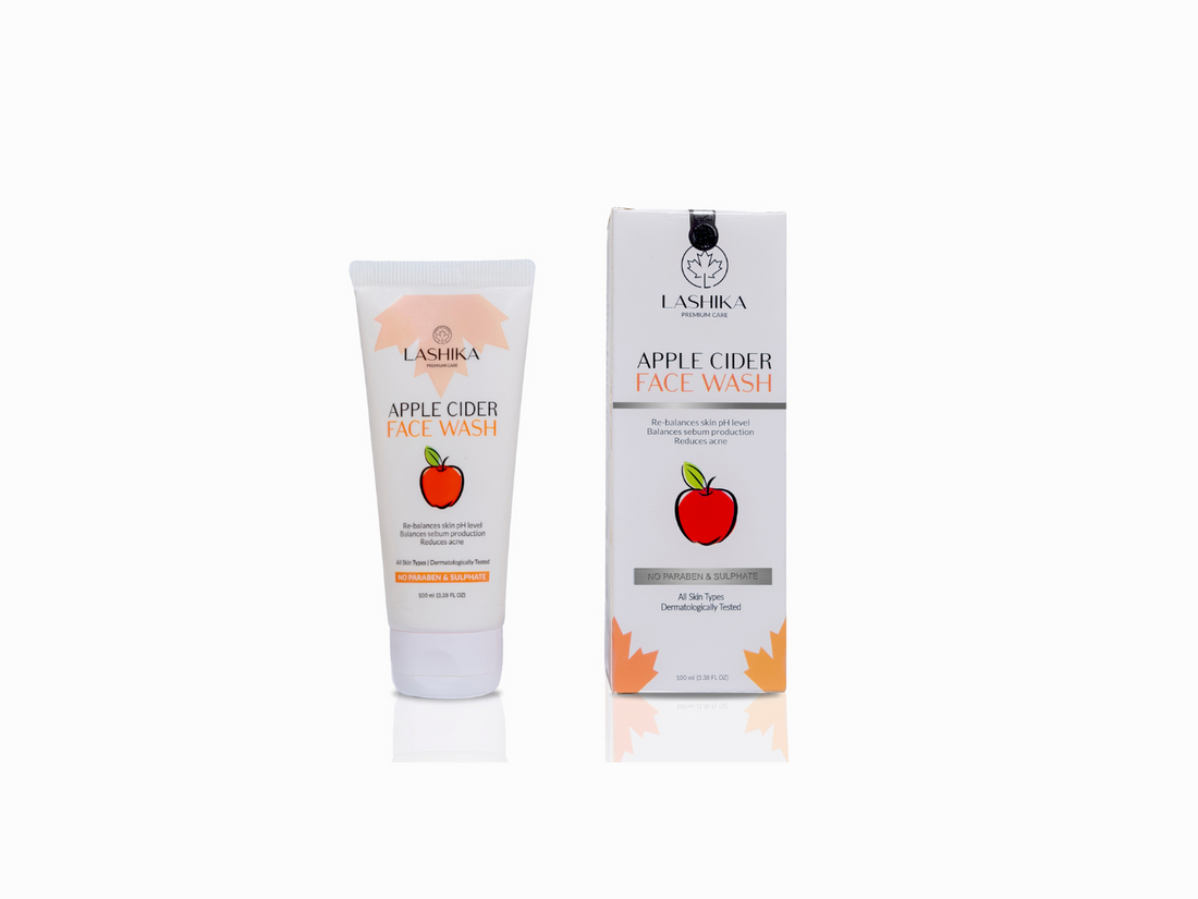 Lashika Apple Cider Face Wash tube and packaging box with apple illustration and text describing the product benefits.