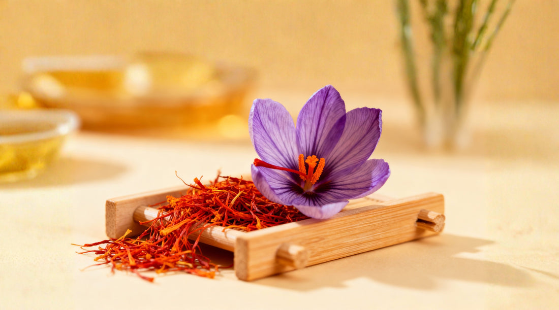 “Close-up of a purple saffron flower and dried saffron threads on a small wooden tray, with a warm, softly blurred background.”