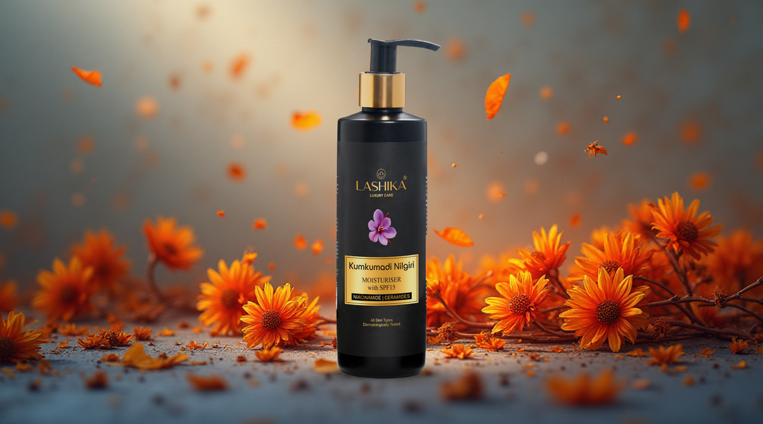 A black bottle of LASHIKA Kumkumadi Nilgiri moisturizer with gold accents and a purple flower logo, surrounded by vibrant orange flowers and petals in mid-air against a softly blurred background