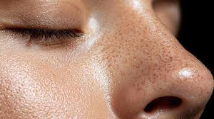 Close-up of a nose with visible pores and blackheads on slightly oily skin
