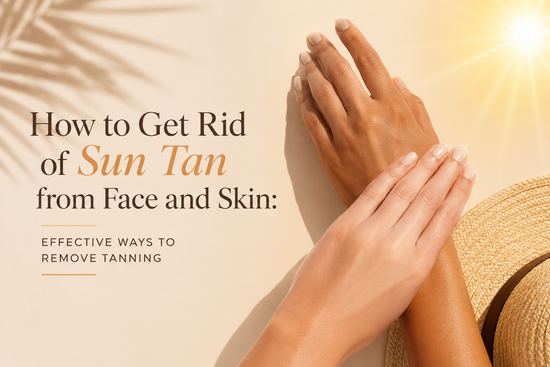Sunlit skincare-themed blog cover featuring hands with visible tanning contrast, warm summer lighting, straw hat details, and elegant typography about removing sun tan from face and skin.
