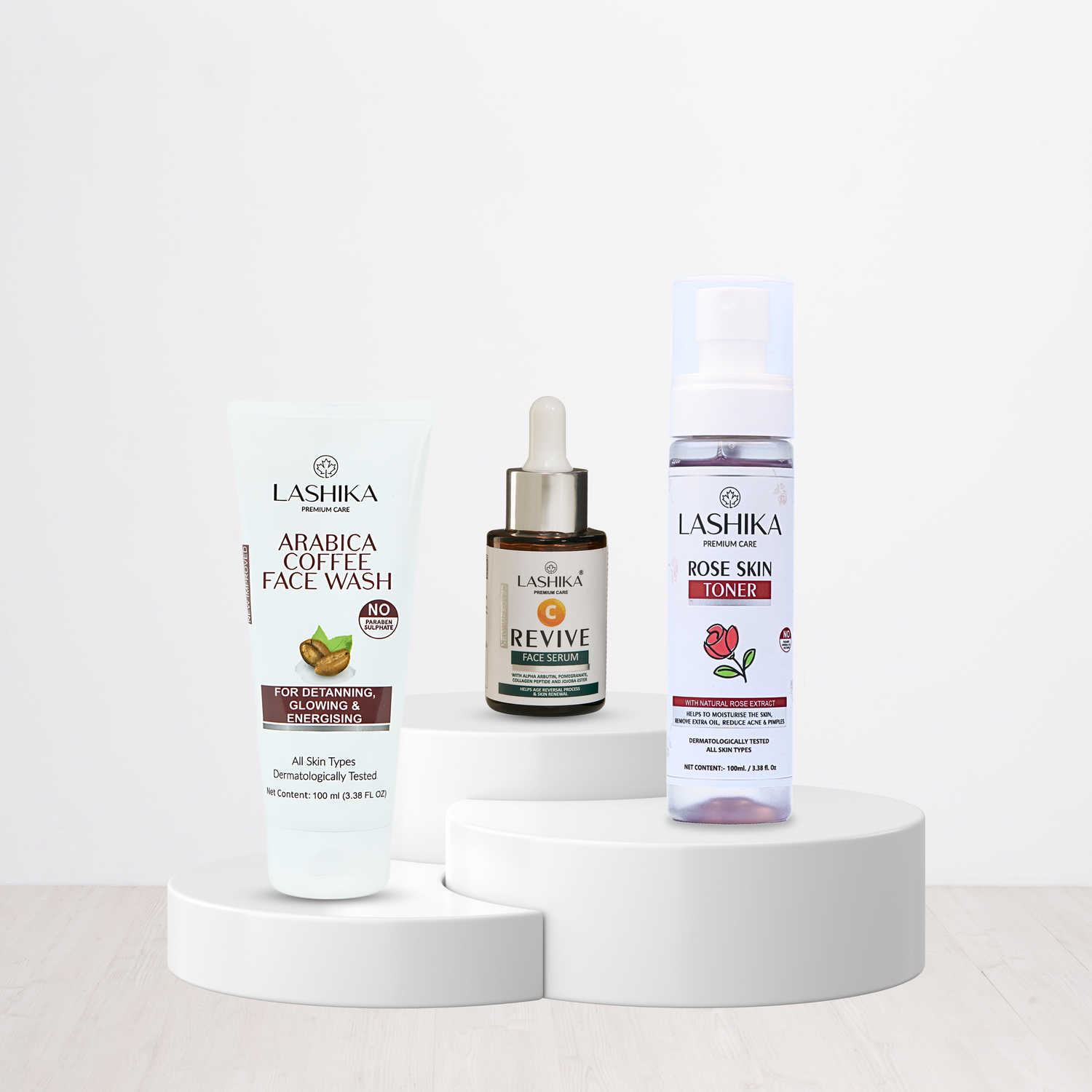Lashika Dry Skincare Kit with Arabica Coffee Face Wash, Revive Serum & Rose Toner for glowing, soft & nourished skin.