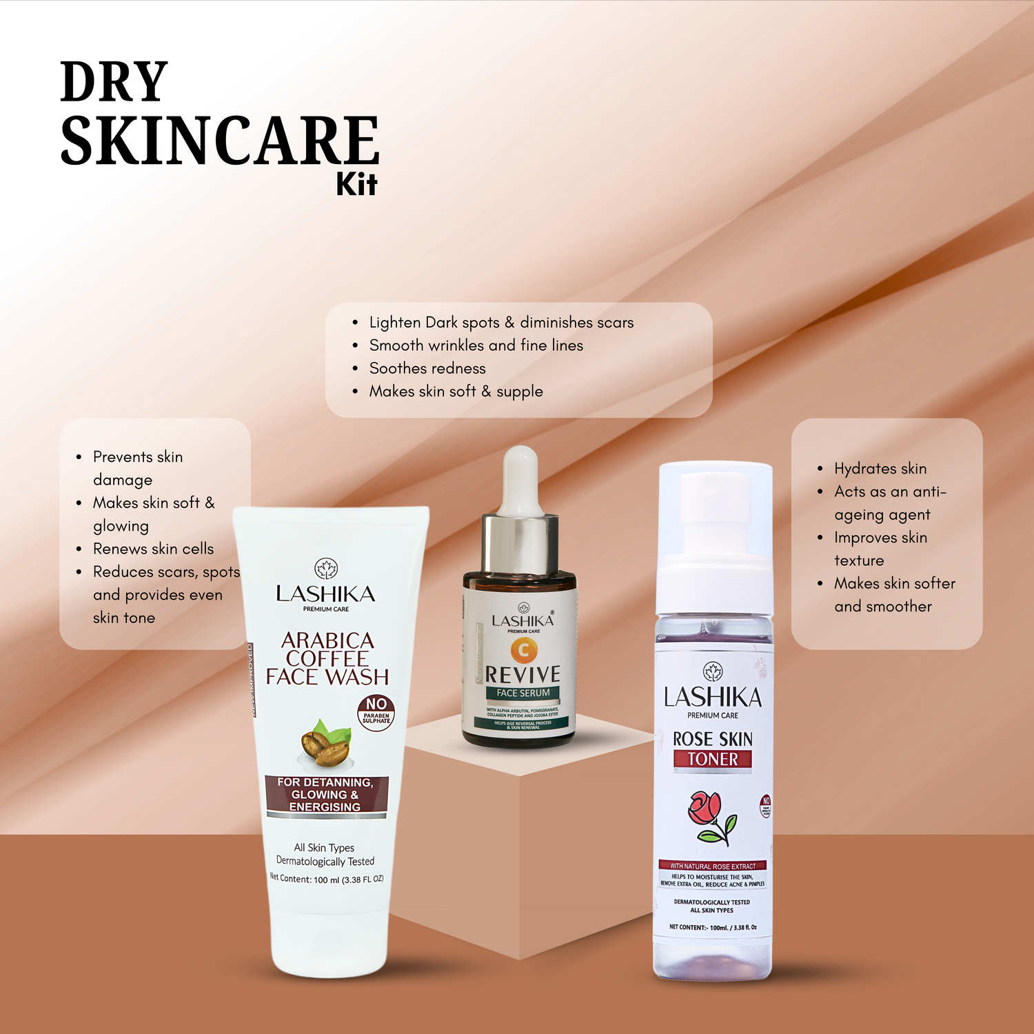 Lashika Dry Skincare Kit: Hydrates, reduces scars, smooths wrinkles & enhances glow with toner, face wash & serum.