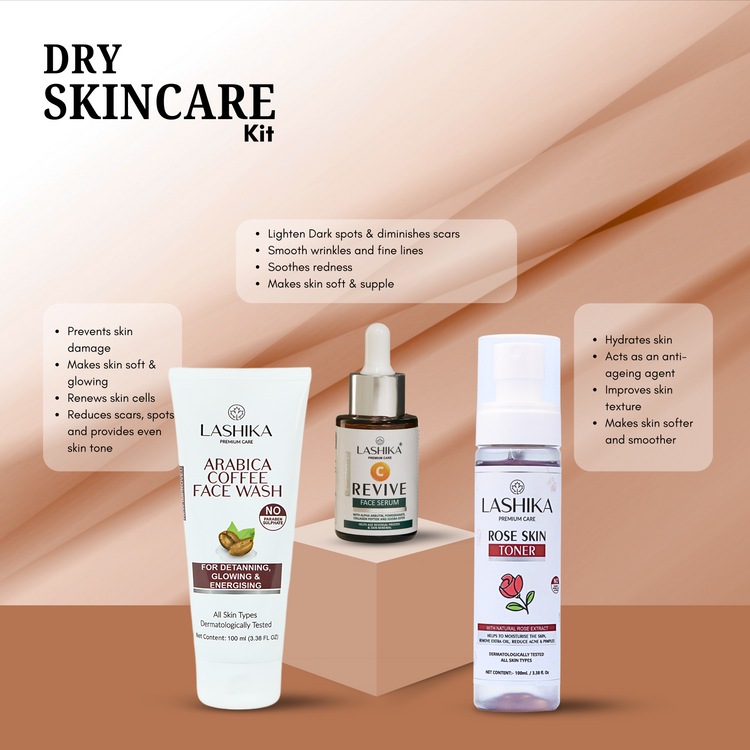 Lashika Dry Skincare Kit: Hydrates, reduces scars, smooths wrinkles & enhances glow with toner, face wash & serum.