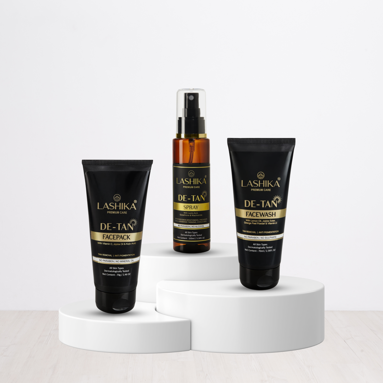 Lashika De-Tan Kit

This image showcases the Lashika De-Tan Kit, a complete skincare solution to remove tan and brighten the skin. The kit includes:

De-Tan Face Wash: Cleanses and removes impurities.
De-Tan Face Pack: Brightens the skin and reduces tan.
De-Tan Spray: Provides instant relief from sun damage and soothes the skin.
The kit is designed to help you achieve a radiant and even skin tone.