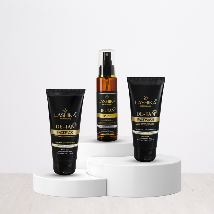 Lashika De-Tan Kit

This image showcases the Lashika De-Tan Kit, a complete skincare solution to remove tan and brighten the skin. The kit includes:

De-Tan Face Wash: Cleanses and removes impurities.
De-Tan Face Pack: Brightens the skin and reduces tan.
De-Tan Spray: Provides instant relief from sun damage and soothes the skin.
The kit is designed to help you achieve a radiant and even skin tone.