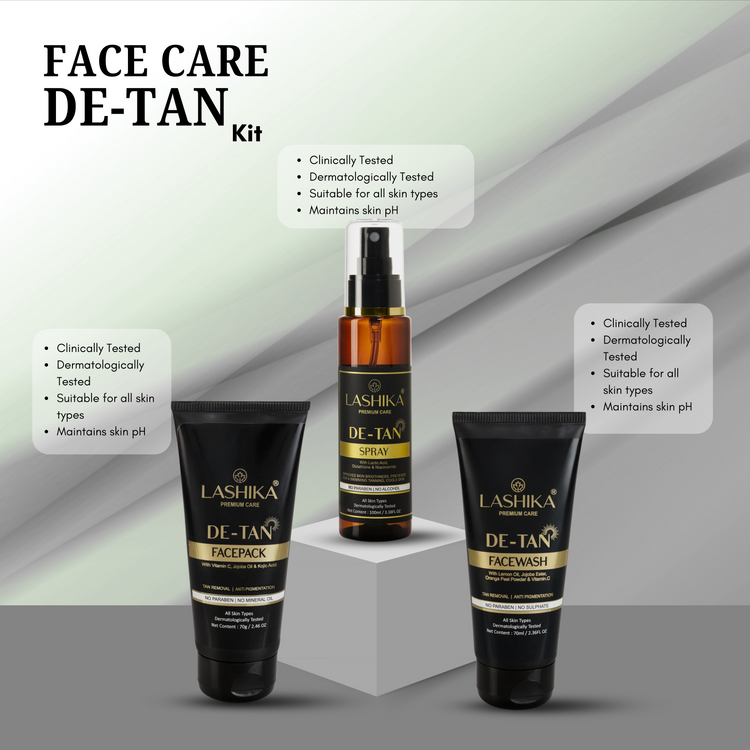  Lashika De-Tan Kit – Clinically & Dermatologically Tested – A complete skincare solution with Facewash, Facepack & Spray. Suitable for all skin types, maintains skin pH, and ensures safe, effective tan removal.