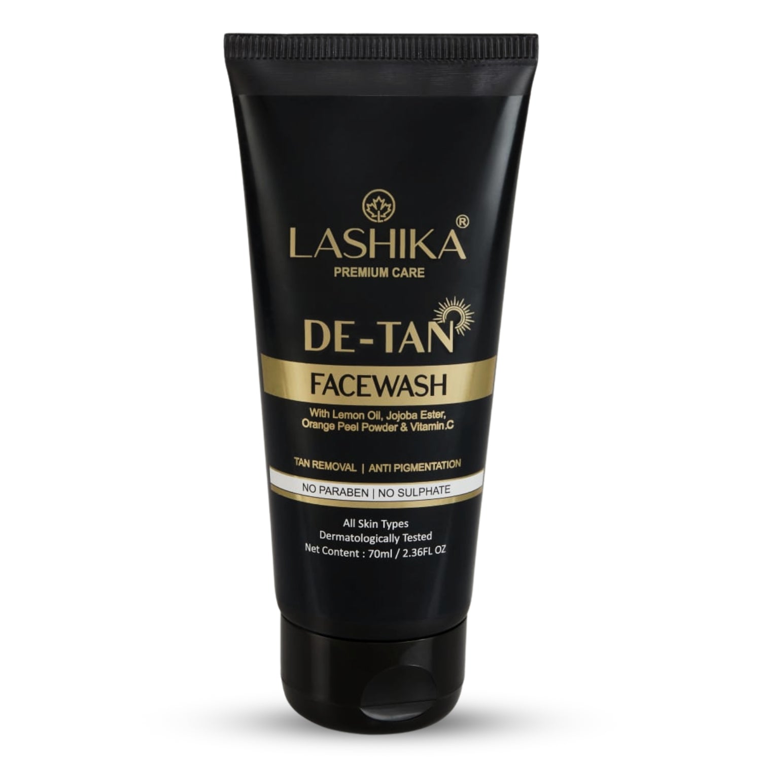 Lashika De-Tan Face Wash with Niacinamide & Vitamin C brightens skin, reduces tan, and evens skin tone.