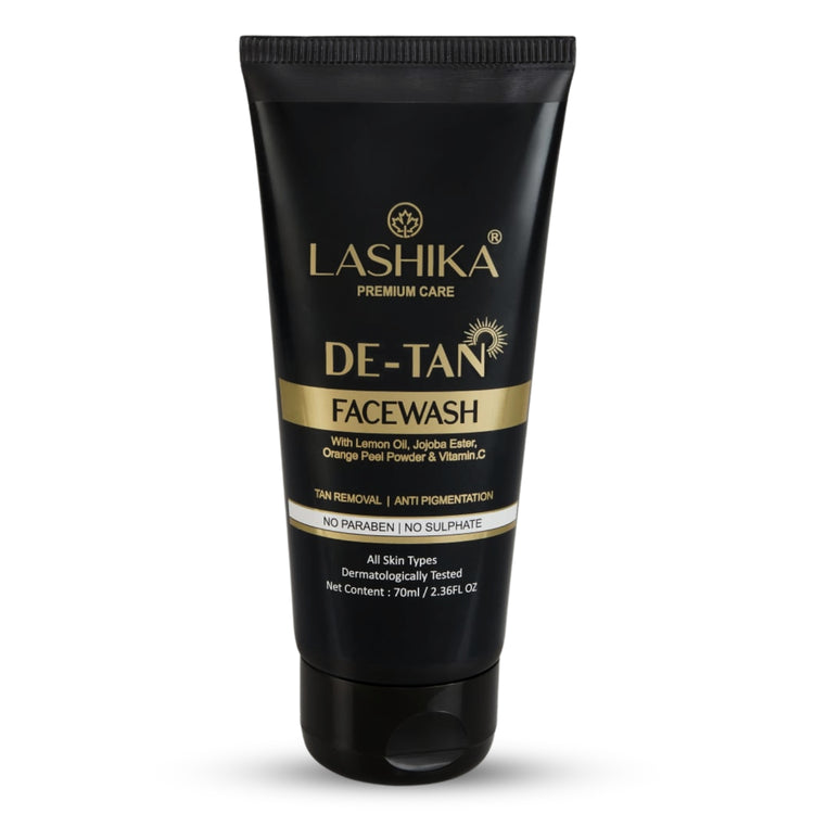 Lashika De-Tan Face Wash with Niacinamide & Vitamin C brightens skin, reduces tan, and evens skin tone.