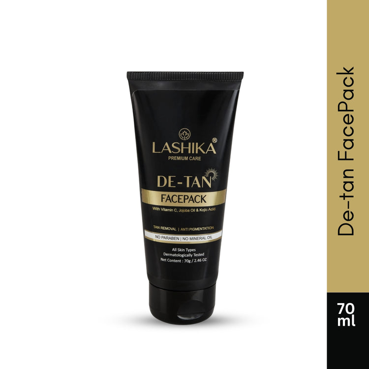 Lashika De-Tan Facepack 70g – removes tan, brightens skin.