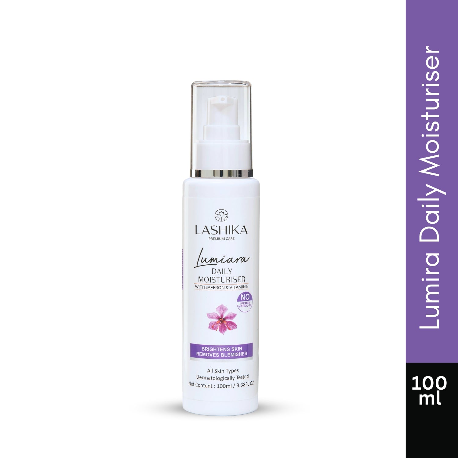 Lashika Lumiara Saffron & Vitamin E Moisturiser – 100ml bottle, deeply hydrating formula for all skin types with natural ingredients like Kumkumadi Oil and Shea Butter.