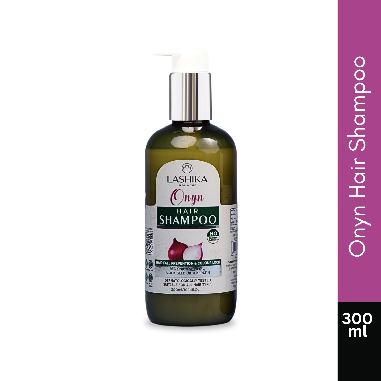 Lashika Onyn Hair Shampoo, elegantly packaged, featuring natural ingredients for healthy, vibrant hair, 300ml.