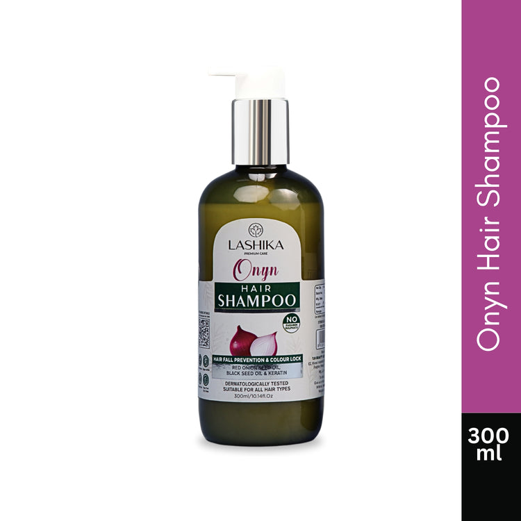 Lashika Onyn Hair Shampoo, elegantly packaged, featuring natural ingredients for healthy, vibrant hair, 300ml.