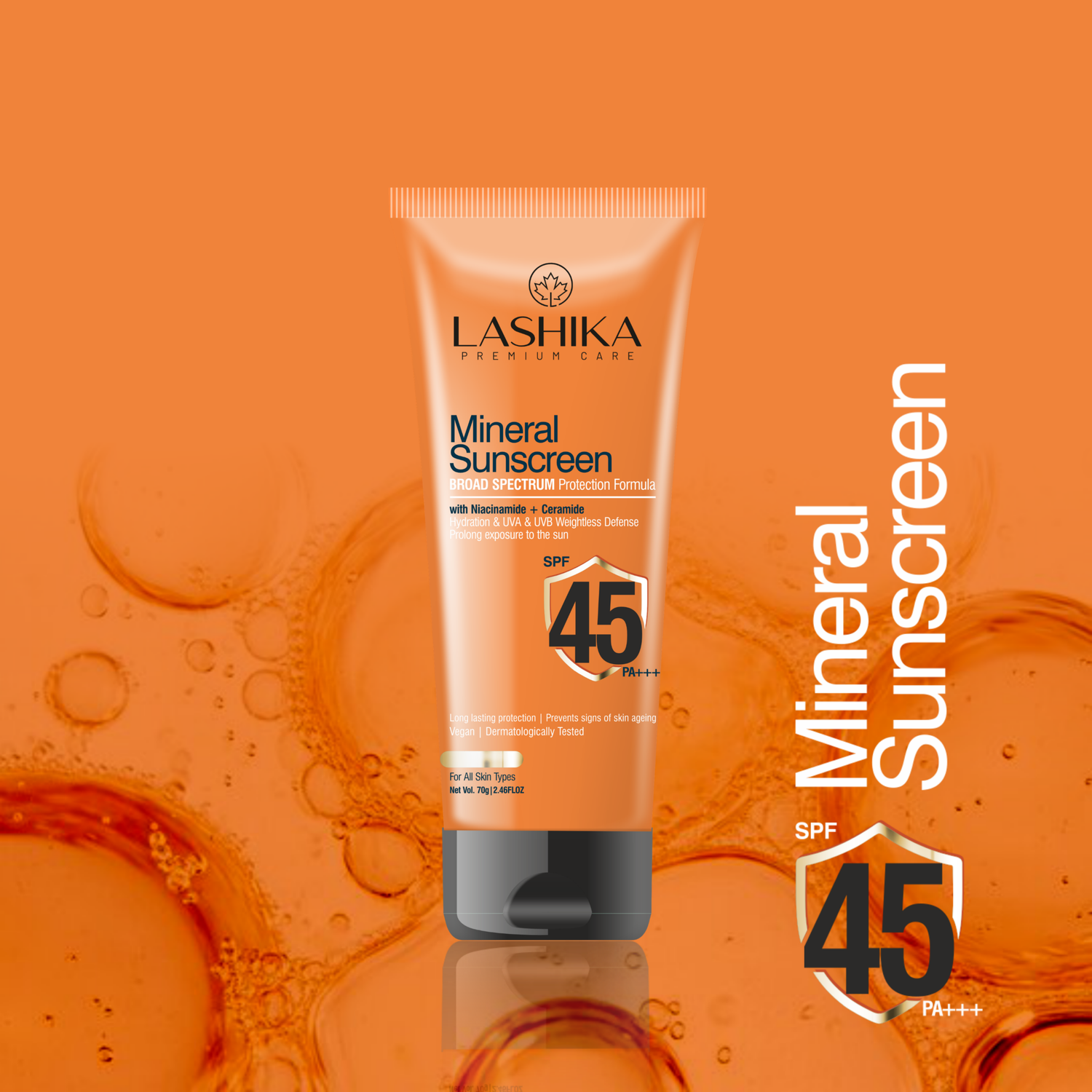 Lashika Mineral Sunscreen SPF 45 on an orange background with bubbles