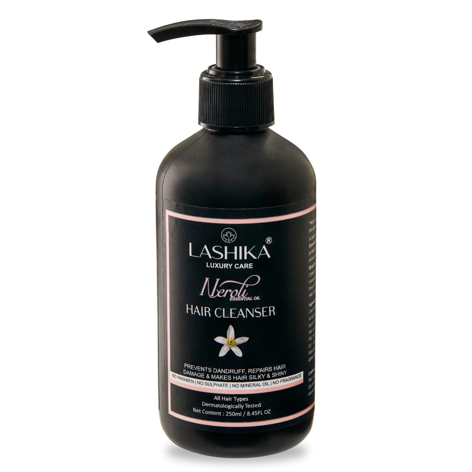 Neroli Hair Cleanser with essential oils, prevents dandruff, repairs damage, and adds shine for silky, smooth hair.